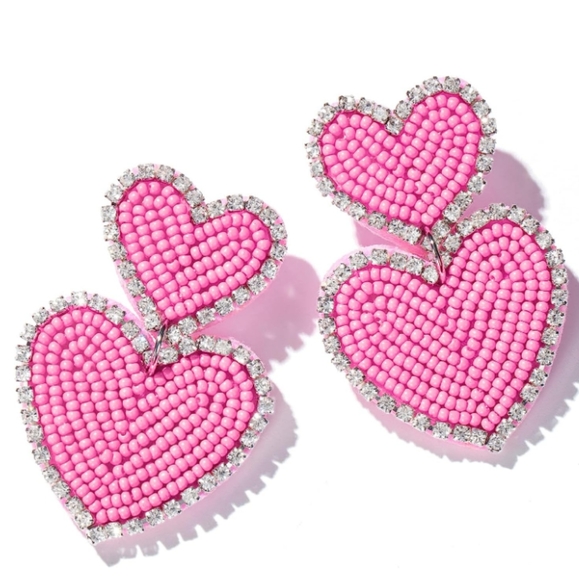 Big Double Pink Heart Beaded Rhinestone Handmade Earrings Large Hearts Statement - Picture 1 of 4